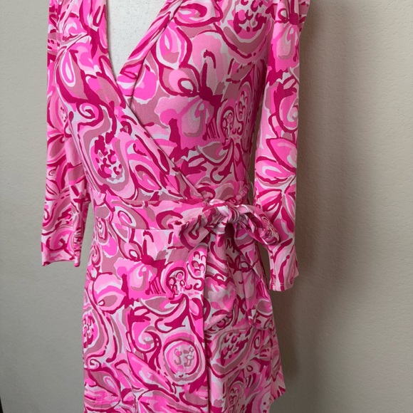 Lilly Pulitzer Karlie Wrap Romper in Pink Pout‎ Mango Salsa - Picture 7 of 13
